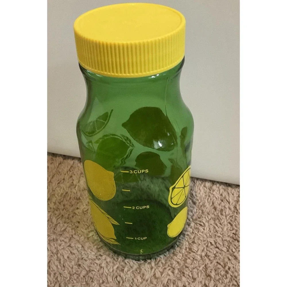 Vintage Anchor Hocking Green Lemonade Jar Green Glass Carafe Yellow Lid 1980s